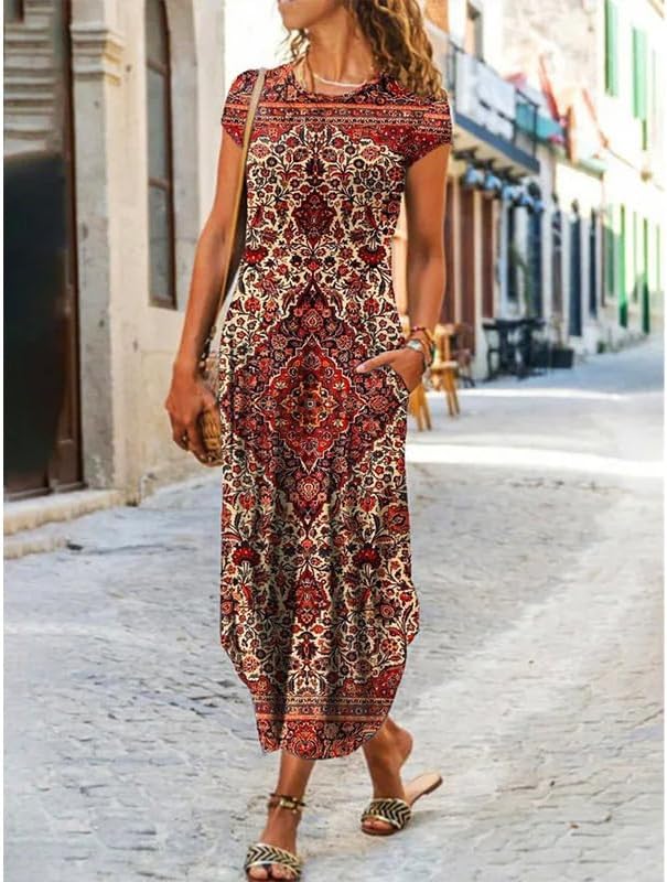 Akivide Women's Boho Floral Maxi Dress Summer Casual Loose Short Sleeve Beach Vacation Dress with Pockets